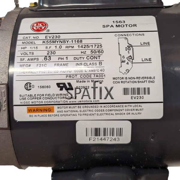 EV230 Gecko US Motor circulationpump 1 15hp motor 230v label